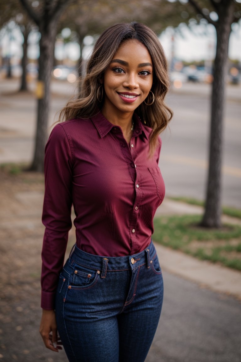 04012-1788724612-black woman, 1girl, selfie, looking at viewer, blue eyes,  smile, standing, depth of field,  red jeans, shirt tucked in,.jpg